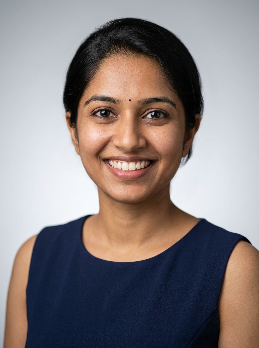 Professional AI LinkedIn headshot in Navy blue sleeveless dress on Neutral Gradient / Light Grey