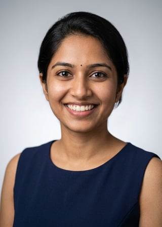 Professional AI LinkedIn headshot in Navy blue sleeveless dress on Neutral Gradient / Light Grey