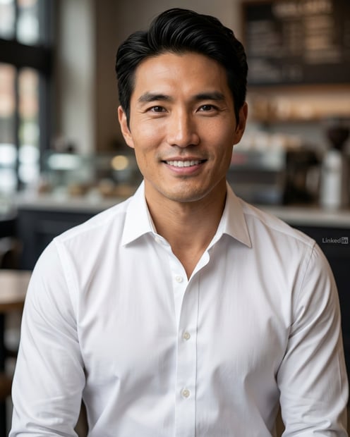 Cafe · White button-up shirt headshot example