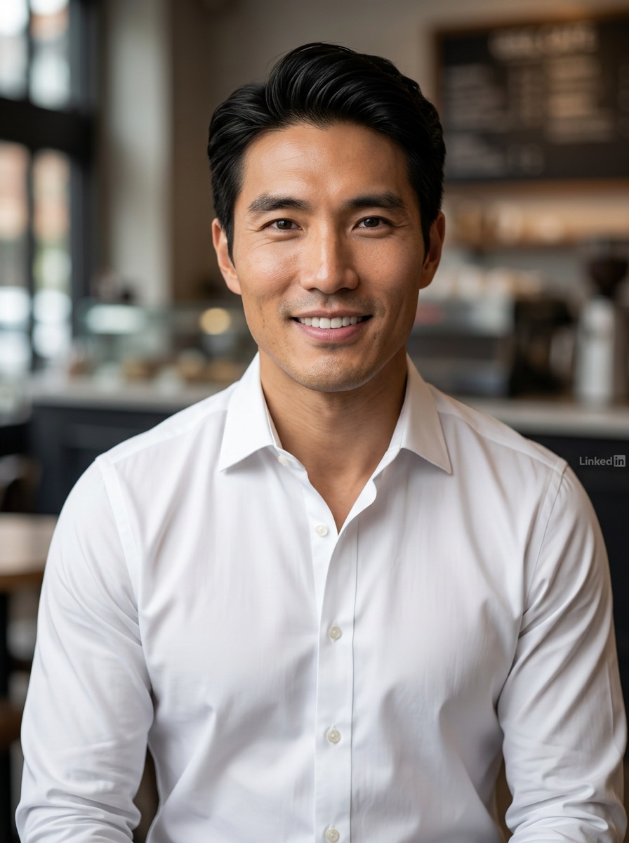 Professional AI LinkedIn headshot in White button-up shirt on Cafe (warm professional)