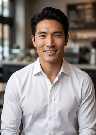 Professional AI LinkedIn headshot in White button-up shirt on Cafe (warm professional)