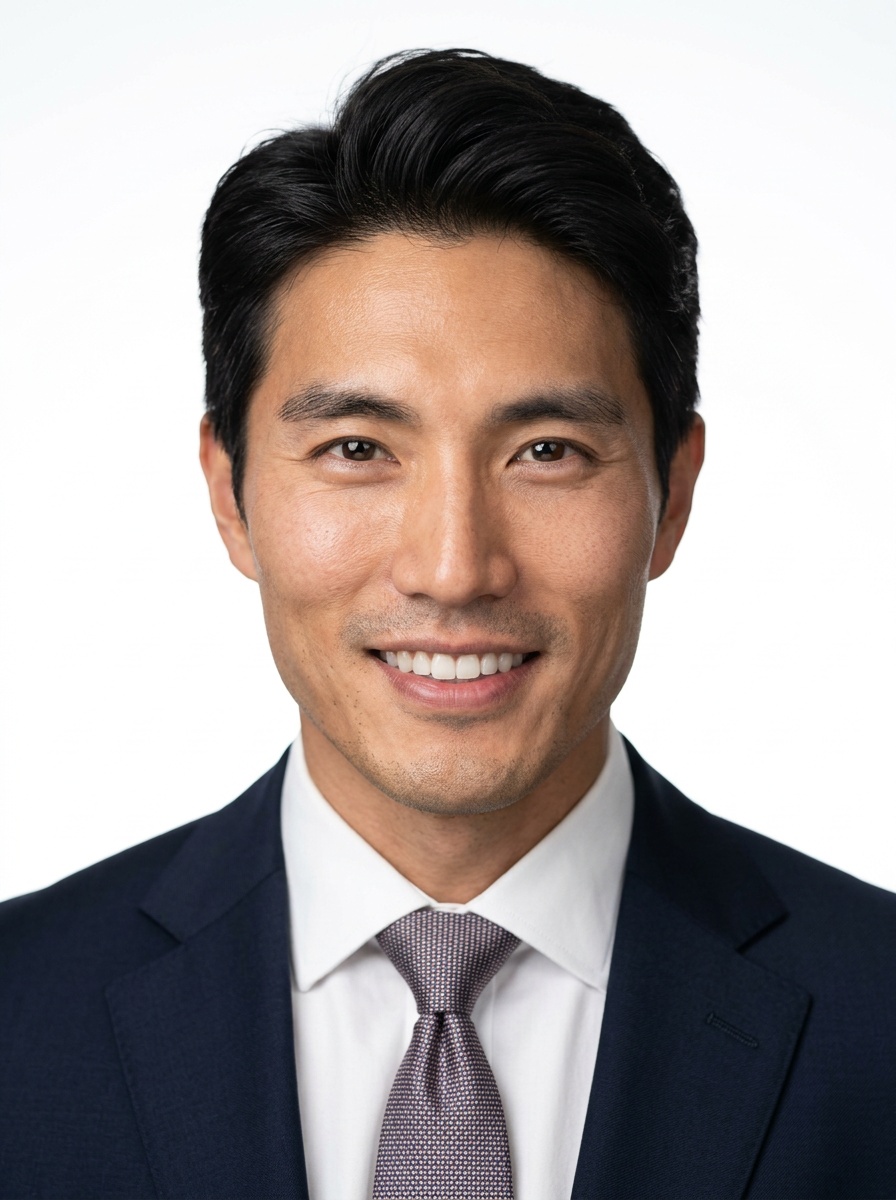 Professional AI LinkedIn headshot in Navy tailored suit on White / Pure White Studio