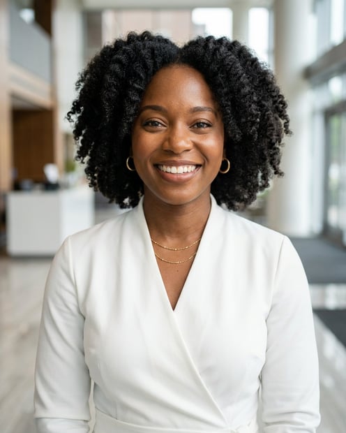 Lobby · White wrap dress headshot example
