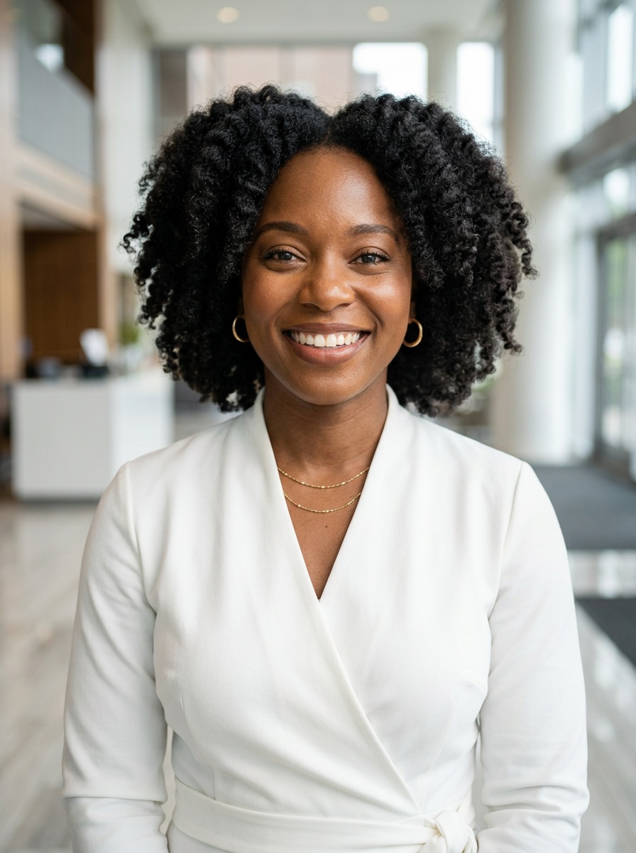 Professional AI LinkedIn headshot in White wrap dress on Lobby (corporate lobby)