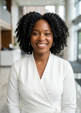 Professional AI LinkedIn headshot in White wrap dress on Lobby (corporate lobby)