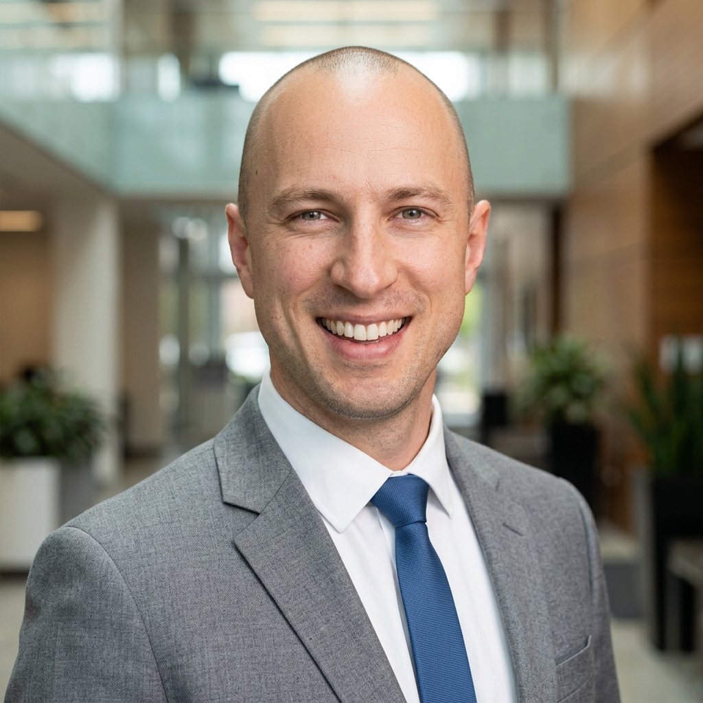 Corporate Lobby · Light Gray Blazer headshot example