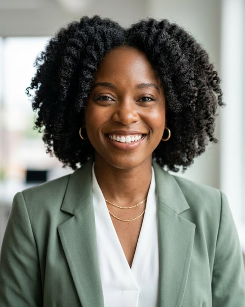 Office / Modern Office Workspace · Sage green blazer with white blouse headshot example