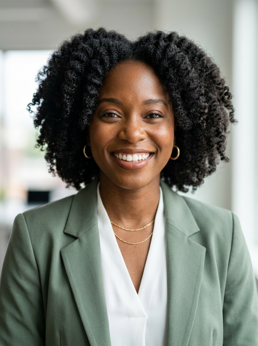 Professional AI LinkedIn headshot in Sage green blazer with white blouse (2026 trend) on Office / Modern Office Workspace