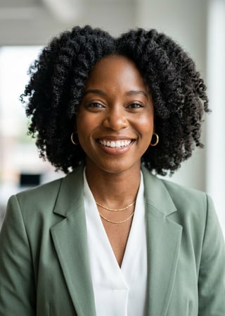 Professional AI LinkedIn headshot in Sage green blazer with white blouse (2026 trend) on Office / Modern Office Workspace