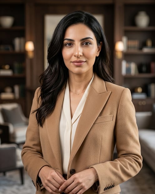 Warm Library Lounge · Camel Blazer or Coat headshot example