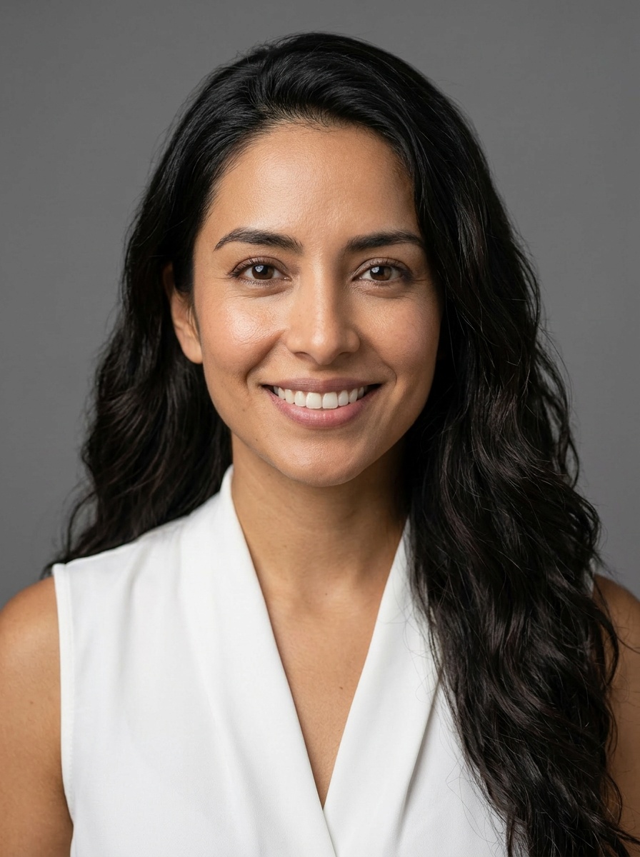 Professional AI LinkedIn headshot in Black tailored trousers + white blouse (sleeveless neckline) on Grey Solid