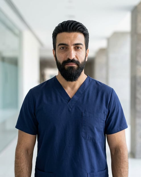 Glass Hospital Corridor · Emergency Medicine Scrubs headshot example