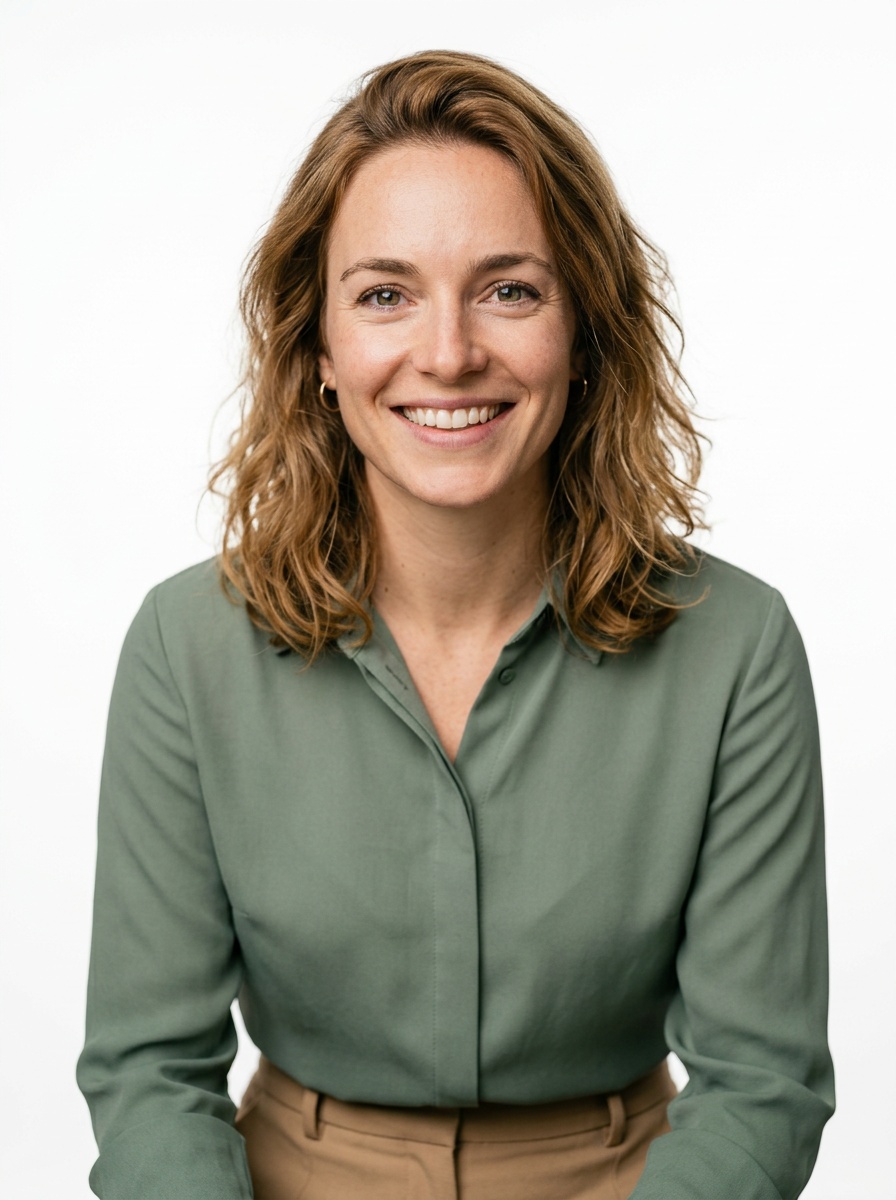 Professional AI LinkedIn headshot in Tan tailored trousers + sage green blouse on White / Pure White Studio