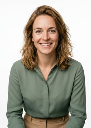 Professional AI LinkedIn headshot in Tan tailored trousers + sage green blouse on White / Pure White Studio