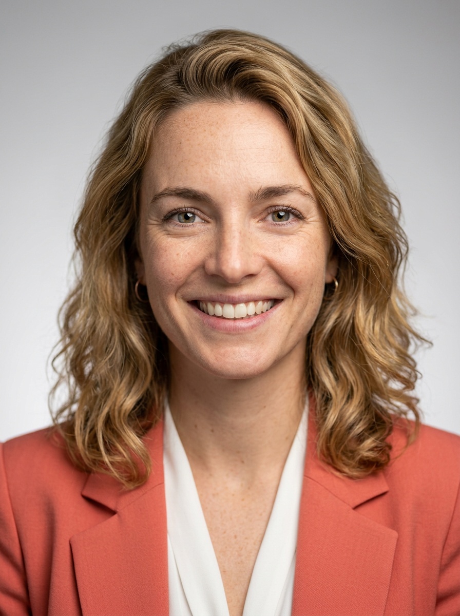 Professional AI LinkedIn headshot in Coral blazer over white blouse on Neutral Gradient / Light Grey