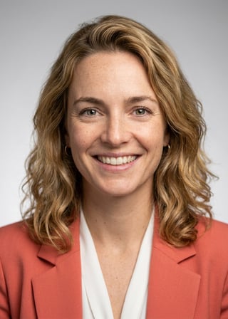 Professional AI LinkedIn headshot in Coral blazer over white blouse on Neutral Gradient / Light Grey