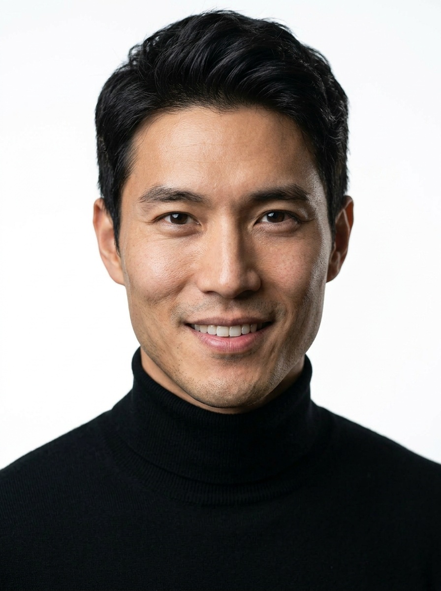 Professional AI LinkedIn headshot in Fitted black turtleneck on White / Pure White Studio