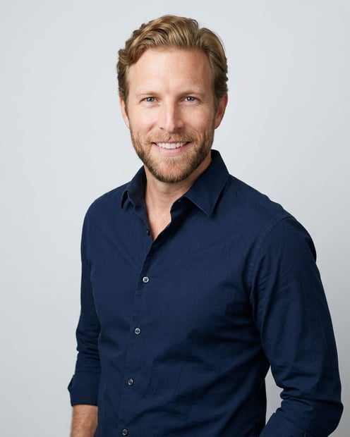 Soft White to Light Grey Studio · Navy Button-Up with Dark Trousers headshot example