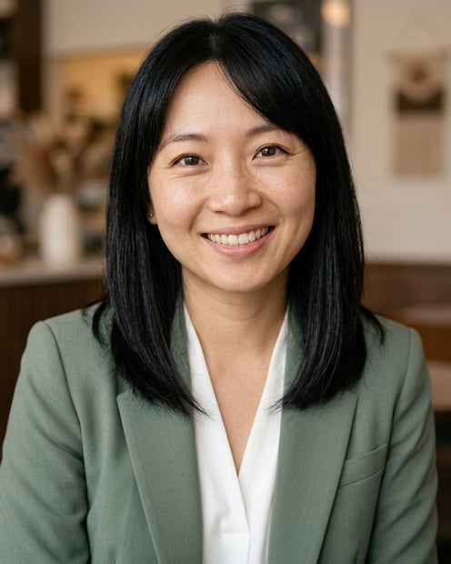 Cafe · Sage green blazer with white blouse headshot example