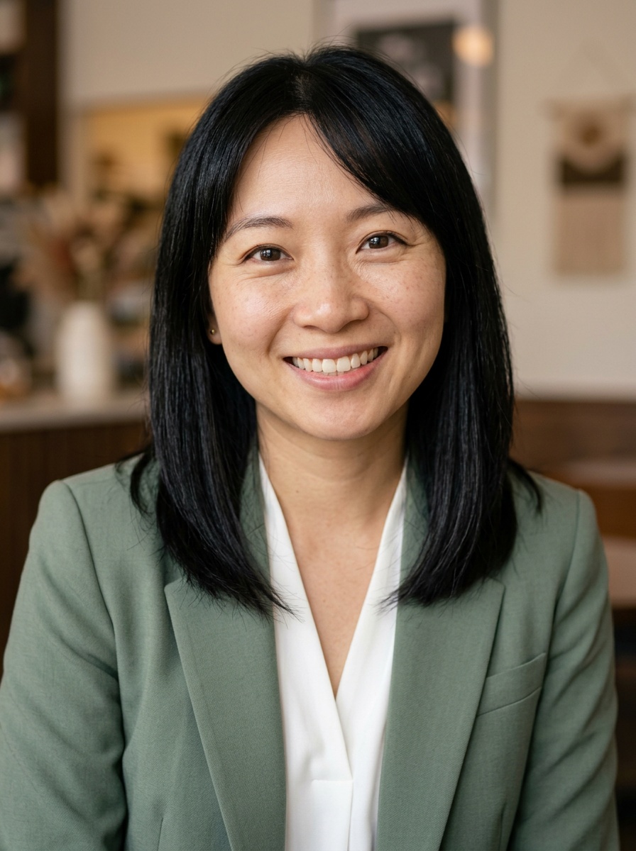 Professional AI LinkedIn headshot in Sage green blazer with white blouse (2026 trend) on Cafe (warm professional)