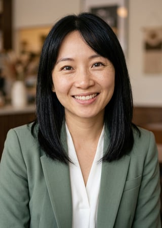 Professional AI LinkedIn headshot in Sage green blazer with white blouse (2026 trend) on Cafe (warm professional)