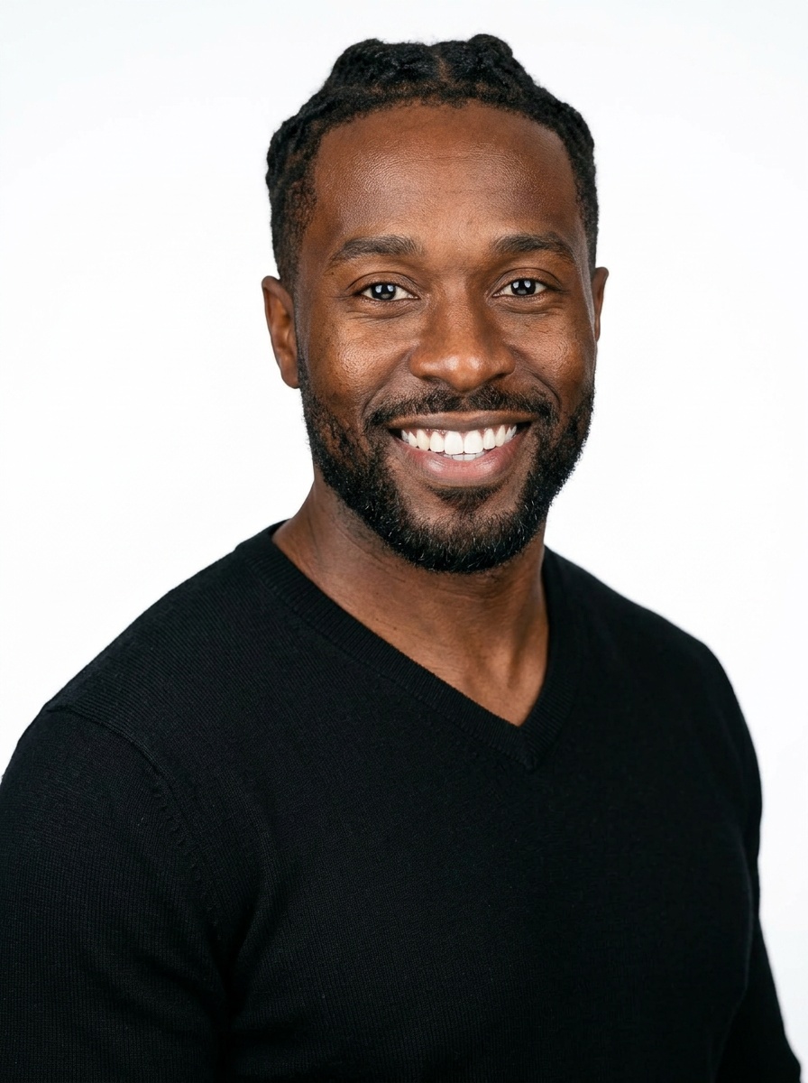 Professional AI LinkedIn headshot in Black v-neck sweater on White / Pure White Studio