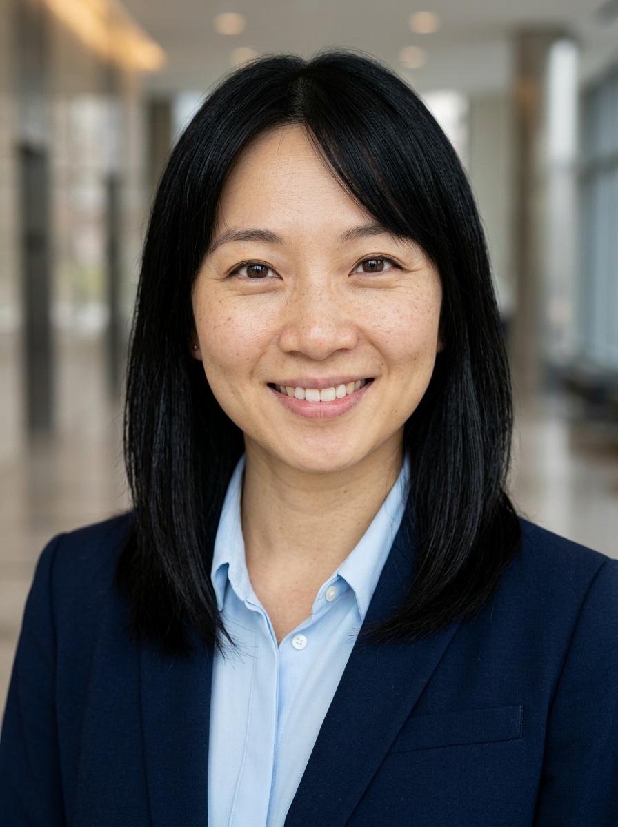 Professional AI LinkedIn headshot in Navy blazer with light blue shirt on Lobby (corporate lobby)