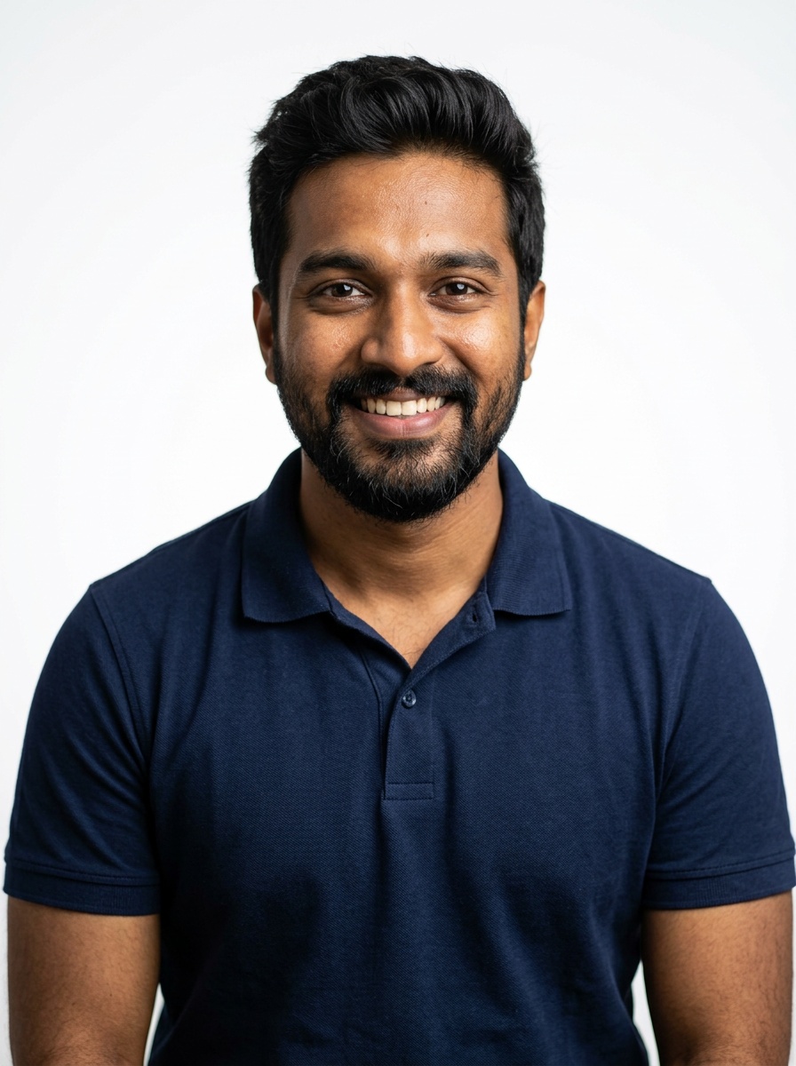 Professional AI LinkedIn headshot in Navy blue short-sleeve polo on White / Pure White Studio