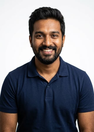Professional AI LinkedIn headshot in Navy blue short-sleeve polo on White / Pure White Studio