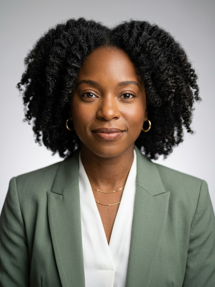 Professional AI LinkedIn headshot in Sage green blazer with white blouse (2026 trend) on Neutral Gradient / Light Grey