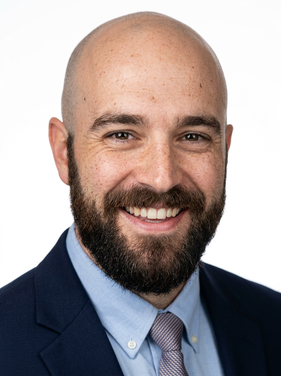 Professional AI LinkedIn headshot in Navy blazer with light blue shirt on White / Pure White Studio