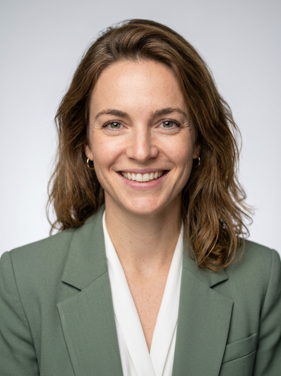 Professional AI LinkedIn headshot in Sage green blazer with white blouse (2026 trend) on Neutral Gradient / Light Grey
