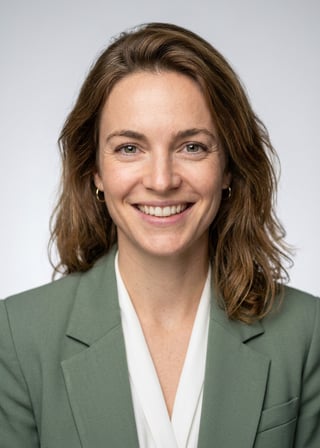 Professional AI LinkedIn headshot in Sage green blazer with white blouse (2026 trend) on Neutral Gradient / Light Grey