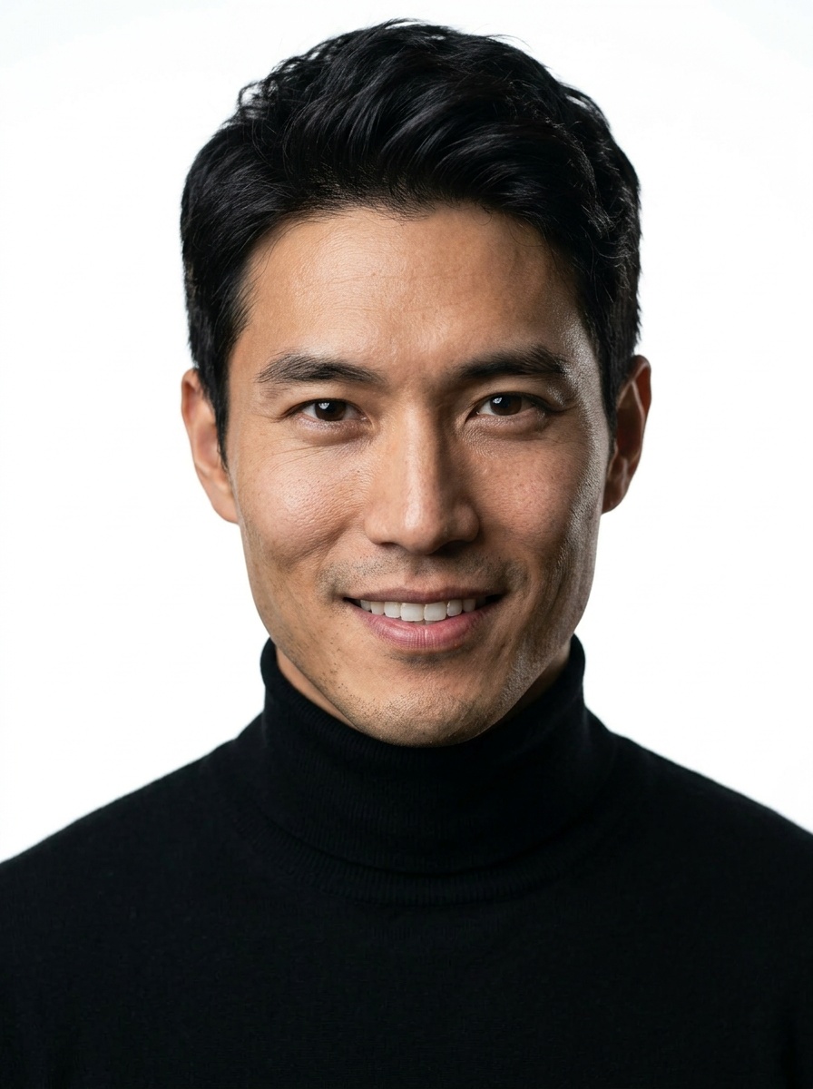 Professional AI LinkedIn headshot in Fitted black turtleneck on White / Pure White Studio