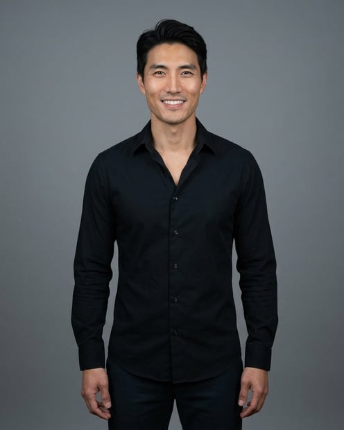 Neutral Mid-Grey Gradient Seamless · Black Button-Up with Dark Trousers headshot example