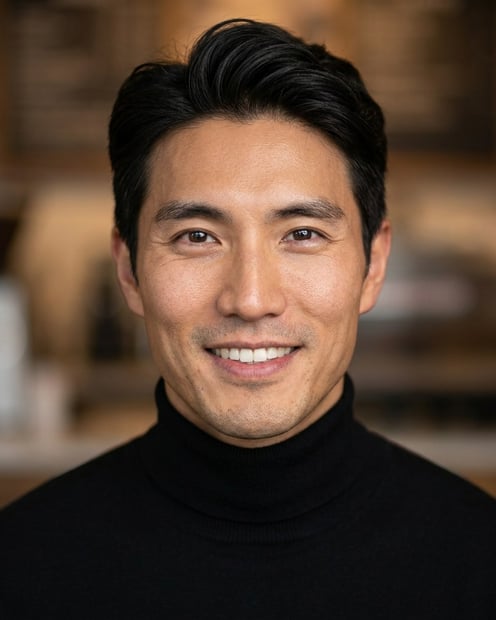 Cafe · Fitted black turtleneck headshot example