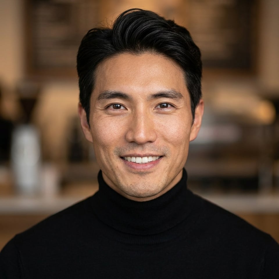 Professional AI LinkedIn headshot in Fitted black turtleneck on Cafe (warm professional)