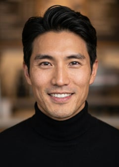 Professional AI LinkedIn headshot in Fitted black turtleneck on Cafe (warm professional)