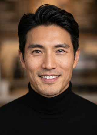 Professional AI LinkedIn headshot in Fitted black turtleneck on Cafe (warm professional)