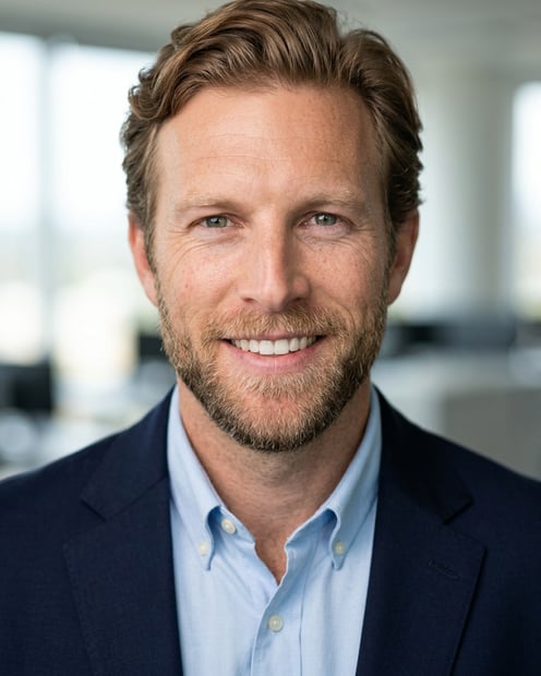 Office / Modern Office Workspace · Navy blazer with light blue shirt headshot example