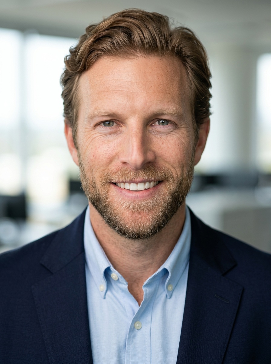 Professional AI LinkedIn headshot in Navy blazer with light blue shirt on Office / Modern Office Workspace