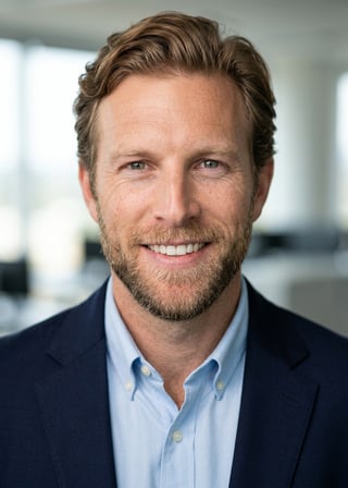 Professional AI LinkedIn headshot in Navy blazer with light blue shirt on Office / Modern Office Workspace