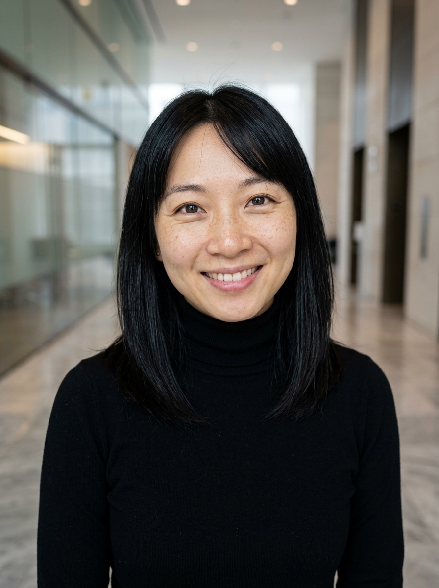 Professional AI LinkedIn headshot in Fitted black turtleneck on Lobby (corporate lobby)
