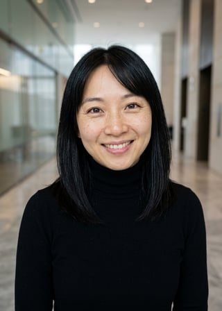 Professional AI LinkedIn headshot in Fitted black turtleneck on Lobby (corporate lobby)