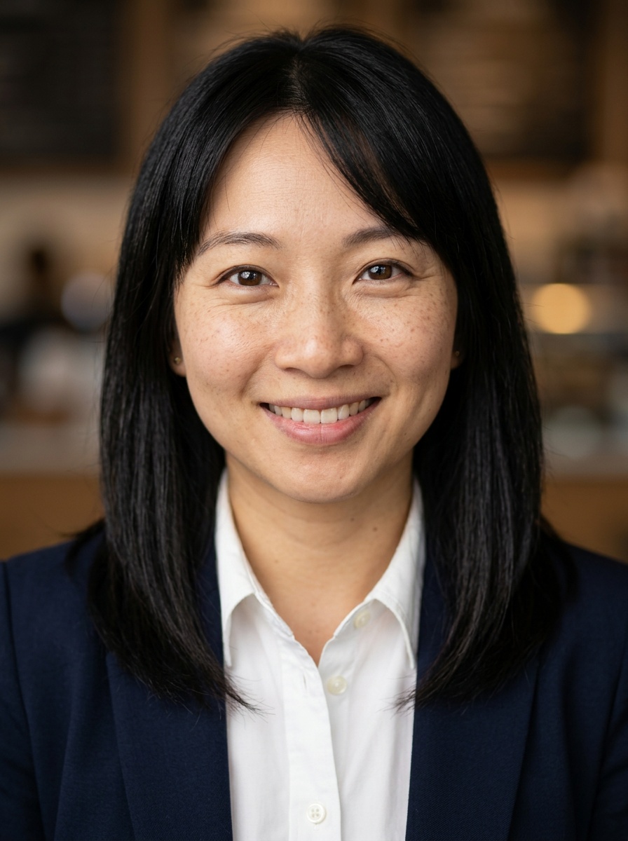 Professional AI LinkedIn headshot in White button-up shirt on Cafe (warm professional)