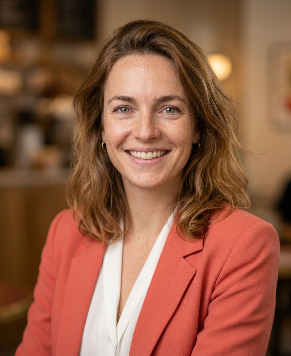 Professional AI LinkedIn headshot in Coral blazer over white blouse on Cafe (warm professional)