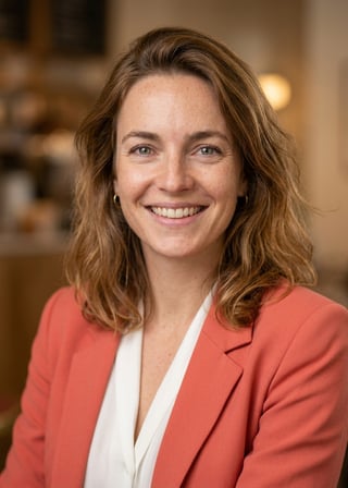 Professional AI LinkedIn headshot in Coral blazer over white blouse on Cafe (warm professional)