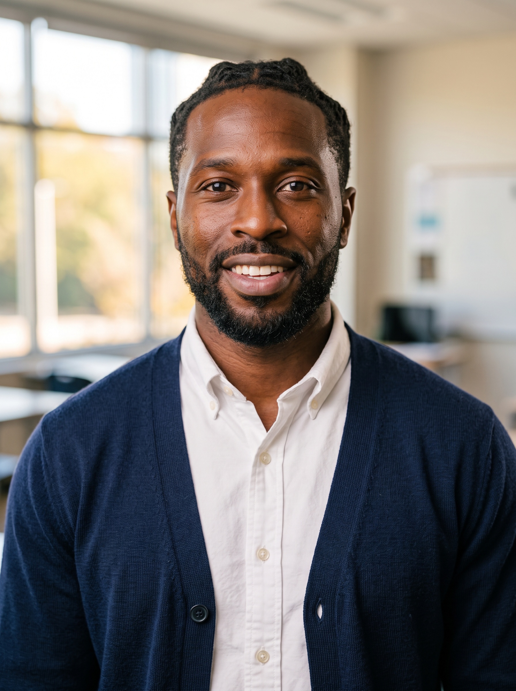 Classroom · Oxford Cardigan headshot example