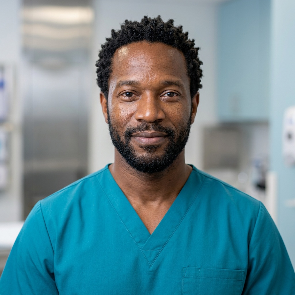 Exam Room · Coat & Scrubs headshot example