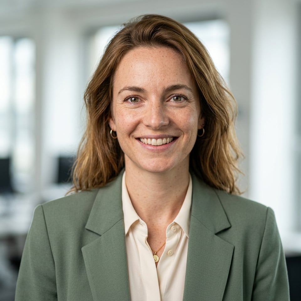 Professional AI LinkedIn headshot in Sage blazer and blouse on Office / Modern Office Workspace
